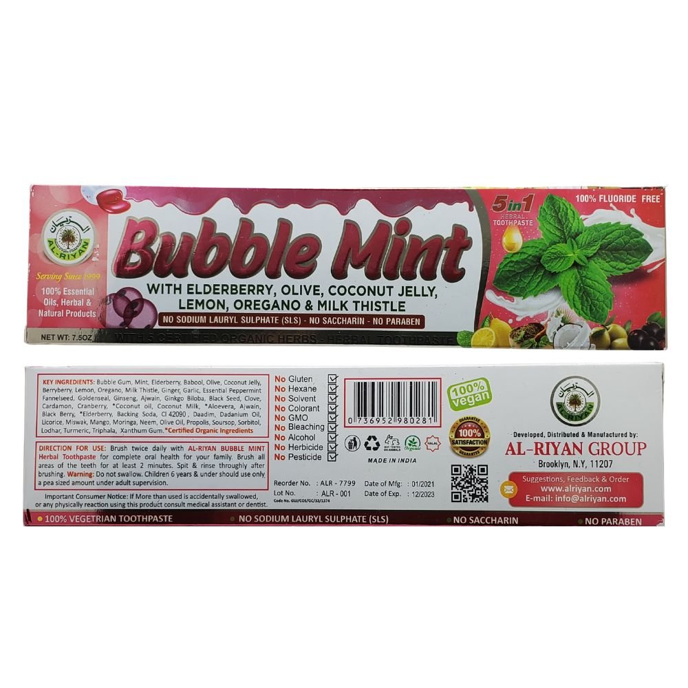 Alriyan Bubble Mint Toothpaste Vegan Fluoride Free 7 5 Oz