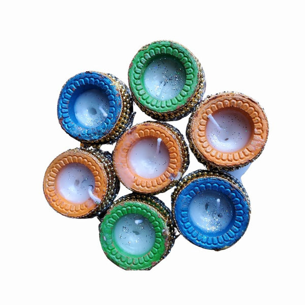 Set Of 4 Decorative Clay Diyas With Wax For Diwali Pooja Decoration