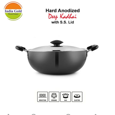 India Gold Aluminum Hard Anodised Kadhai - Black, 480g, Modern Style, 17 cm