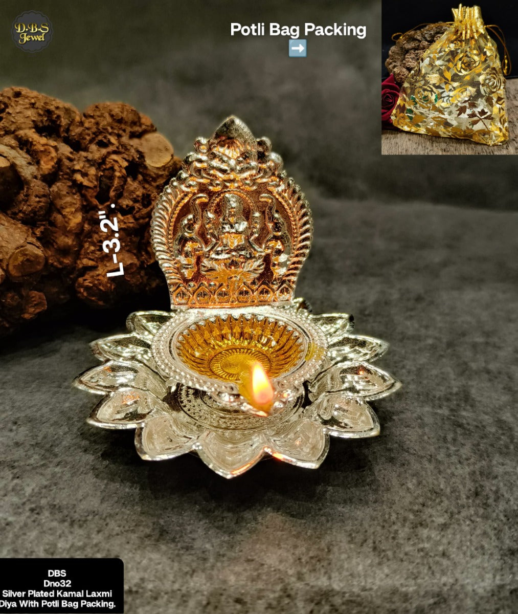 Silver Plated Kamal Laxmi Diya With Potli Bag Packing