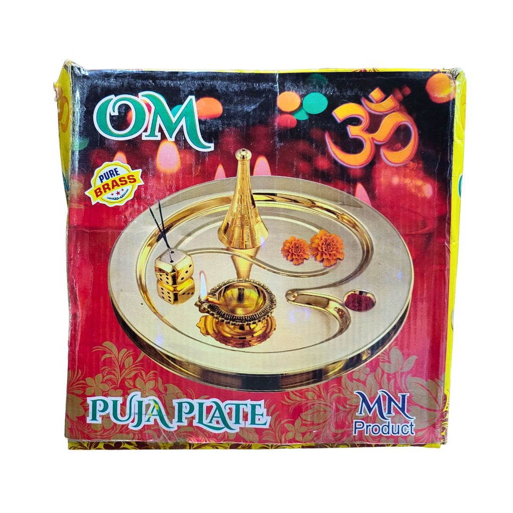 Om Pooja Plate Pure Brass Pooja Set Medium - Singh Cart