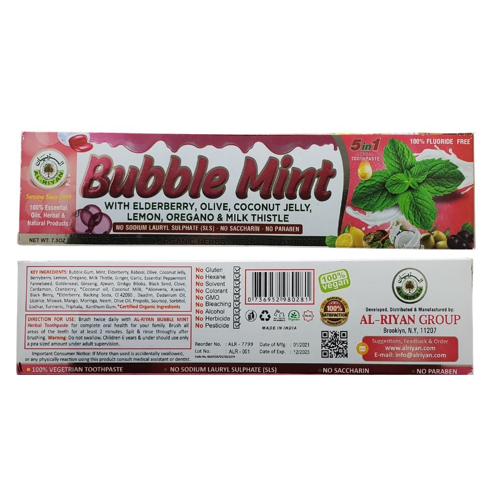Alriyan Bubble Mint Toothpaste Vegan Fluoride Free 7.5oz - Singh Cart