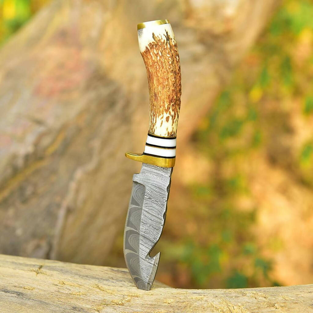 Damascus Knife Hand Forged Steel fixed blade skinner knife deer horn handle brass guard x400 - Singh Cart