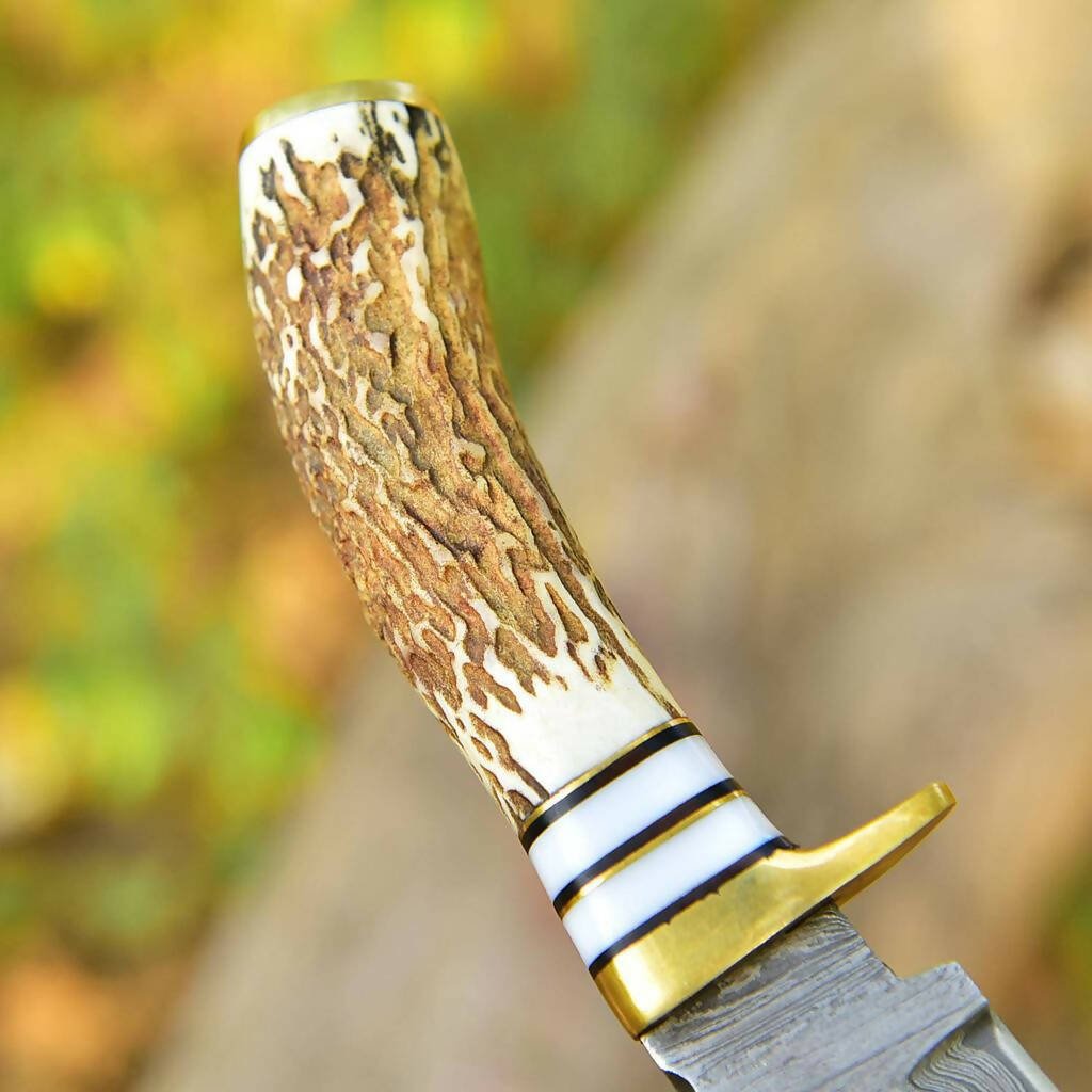 Damascus Knife Hand Forged Steel fixed blade skinner knife deer horn handle brass guard x400 - Singh Cart