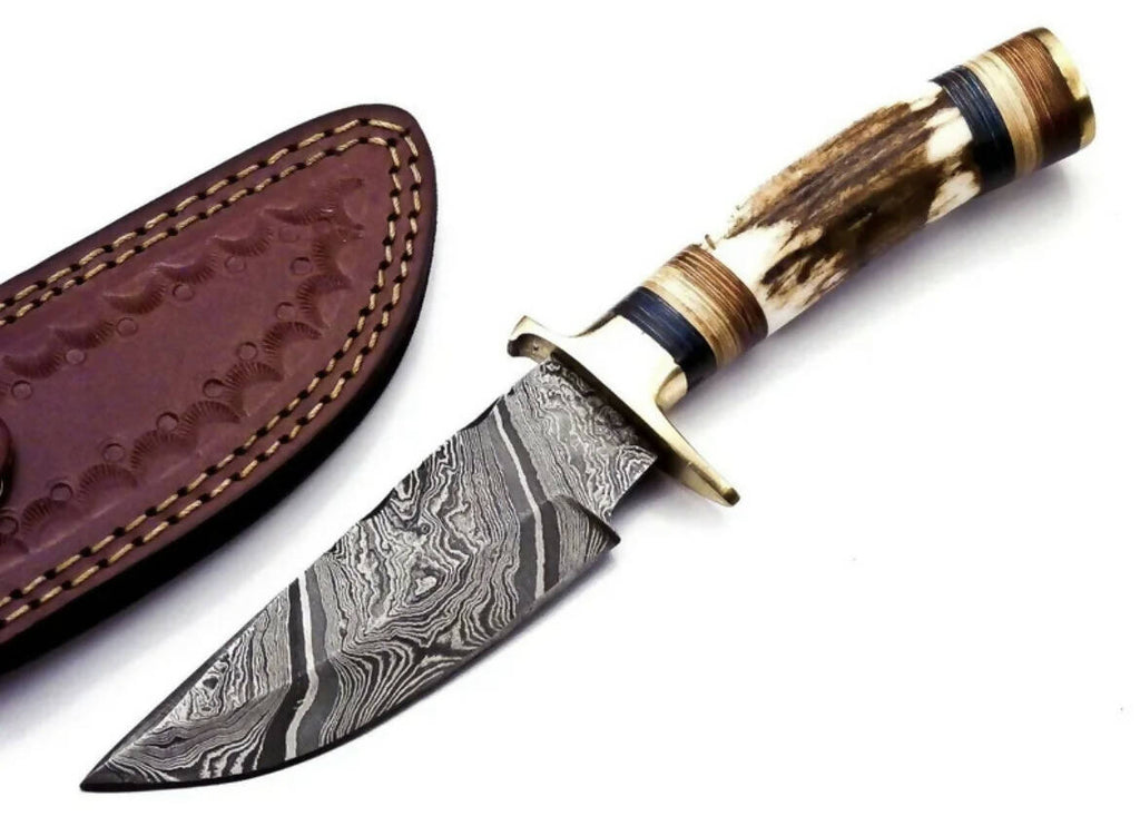 Handmade forged Damascus steel skinning knife gut-hook blade stag antler handle - Singh Cart