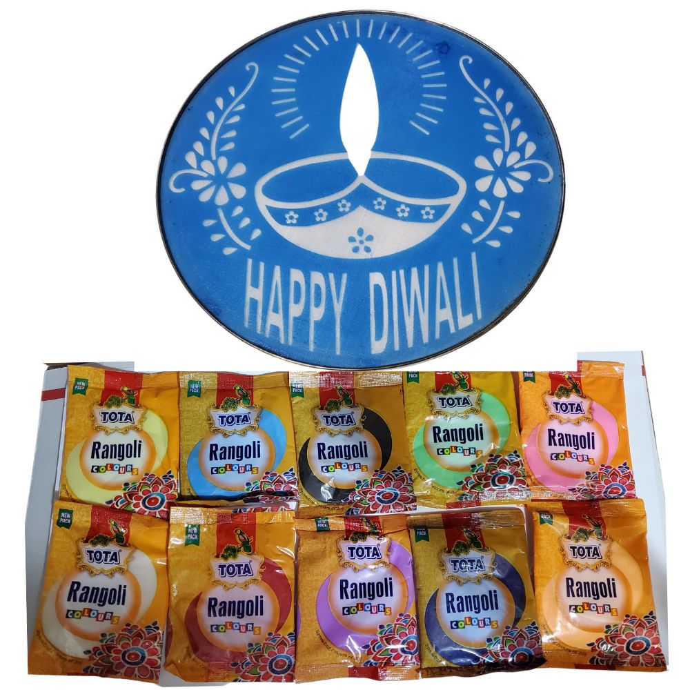 Resuable Happy Diwali Rangoli Stencils 12 Inch With 10 Pouches of Rangoli Colour - Singh Cart