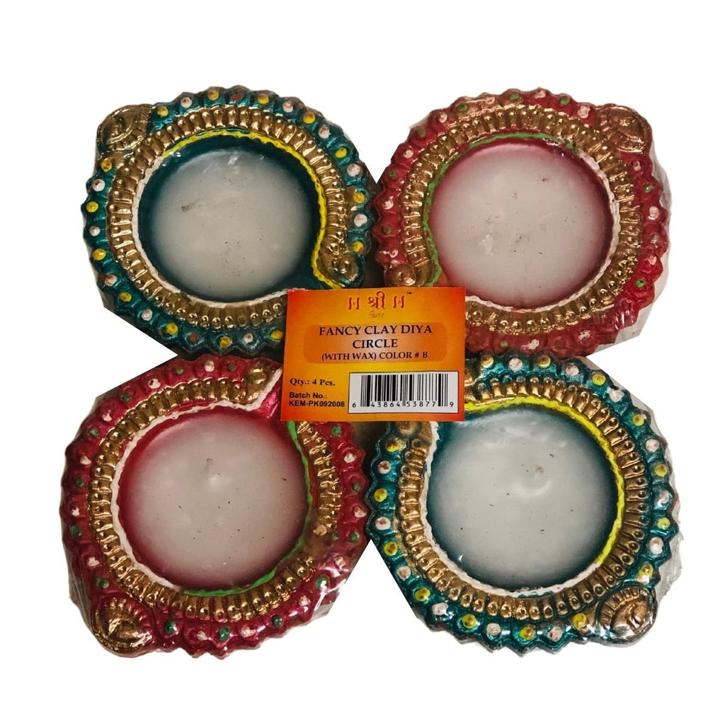 Set Of 4 Decorative Clay Diyas With Wax For Diwali, Pooja, Decoration - Singh Cart