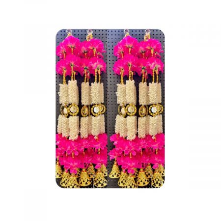 Pink & White Floral Toran / Bandhanwar with Mirror Work & Golden Bells 
