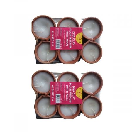 Plain Hand Made Medium Clay Diyas With Wax For Diwali (12 Pieces)