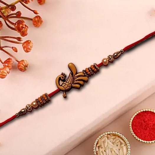 Peacock Shaped Wooden Finish Rakhi