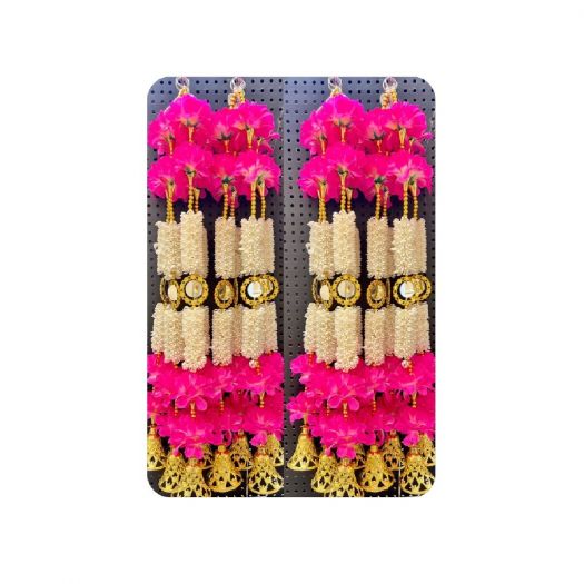 Pink & White Floral Toran / Bandhanwar with Mirror Work & Golden Bells 
