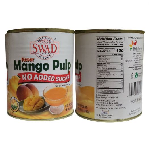 Swad Kesar Mango Pulp No Added Sugar 850g