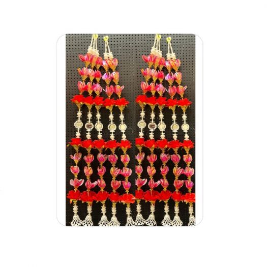 Pink Lotus Floral Toran / Bandhanwar with Pearl Beads & Mirror Work