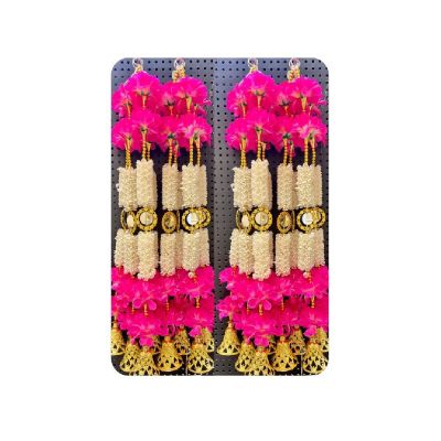 Pink & White Floral Toran / Bandhanwar with Mirror Work & Golden Bells 