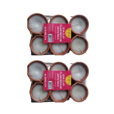 Plain Hand Made Medium Clay Diyas With Wax For Diwali (12 Pieces)