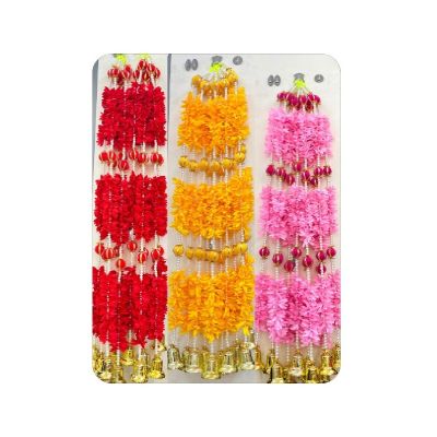 Red, Yellow & Pink Floral Toran / Bandhanwar with Pearls & Golden Bells