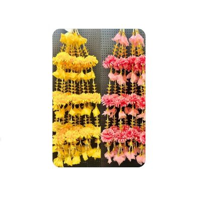 Yellow & Pink Floral Toran with Petal-Style Hangings & Golden Bells